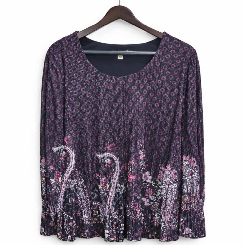Chicos Black & Purple Floral Paisley Micro Pleated Lined Top Sz 4 (XXL)